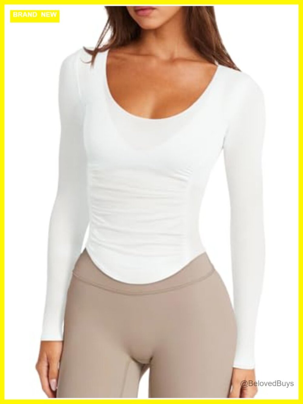 Women's Semi Sheer Long Sleeve Workout Top Ruched Scoop Neck